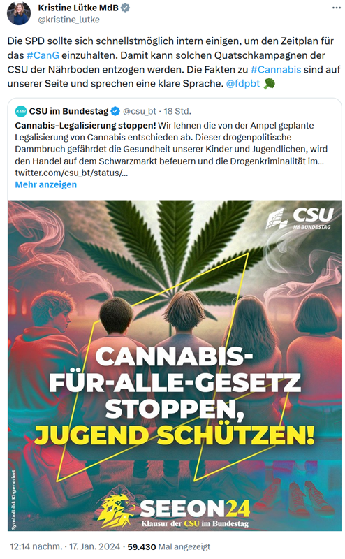 Kristine Lütke FDP Bundestagsfraktion am 16.01.24 zu SPD CanG Blockade