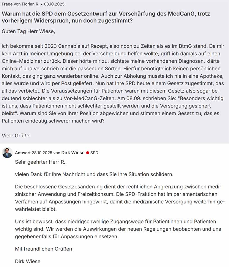 Dirk Wiese Antwort Abgeordnetenwatch zur geplanten Medizinal-Cannabisgesetz Verschärfung vom 28.10.25