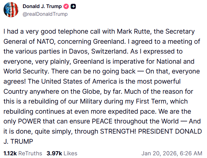 Trump zu Besitzanspruch an Grönland - Bericht von Gespräch mit NATO-Generalsekretär Rutte - Meeting in Davos - MUST HAVE Truth Social 20.01 6.26AM