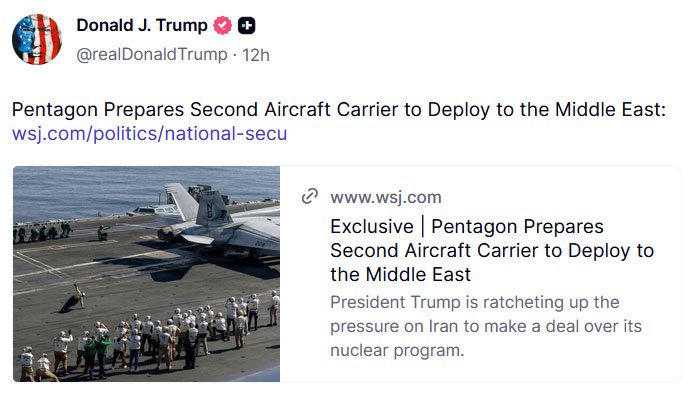 Trump auf TruthSocial am 12.02.2026 - WSJ Bericht zu Vorbereitung von Entsendung zweiter Carrier Strike Group